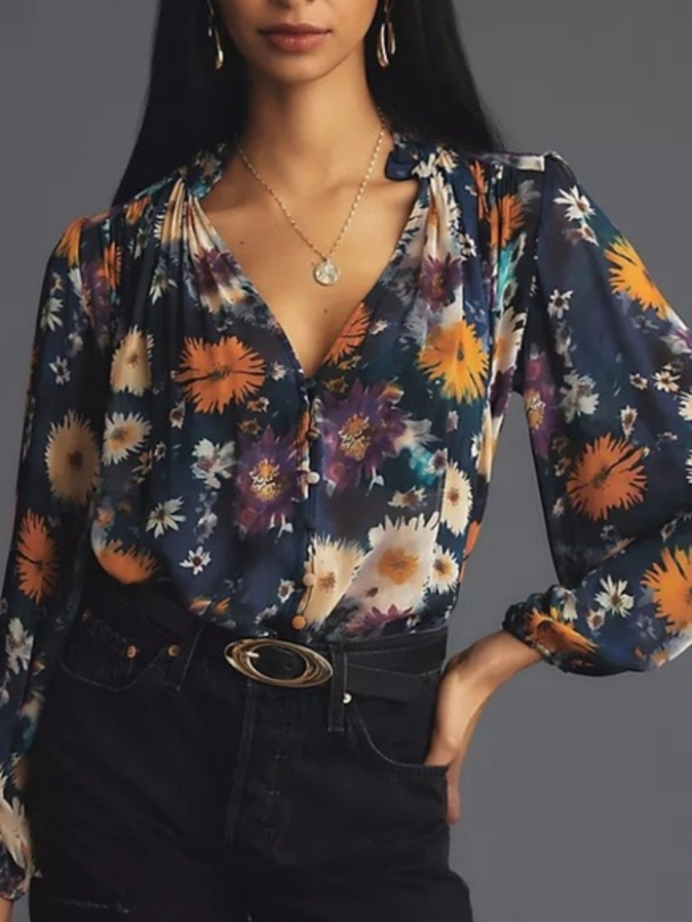 Anthropologie Navy Floral V-Neck Button-Front Blouse